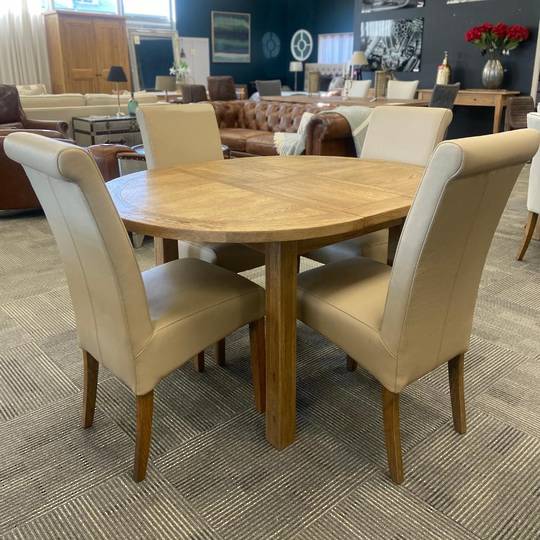 Oak Round Extension Dining Table 106cm + 4 New Kelly Full Leather Dining Chair Set